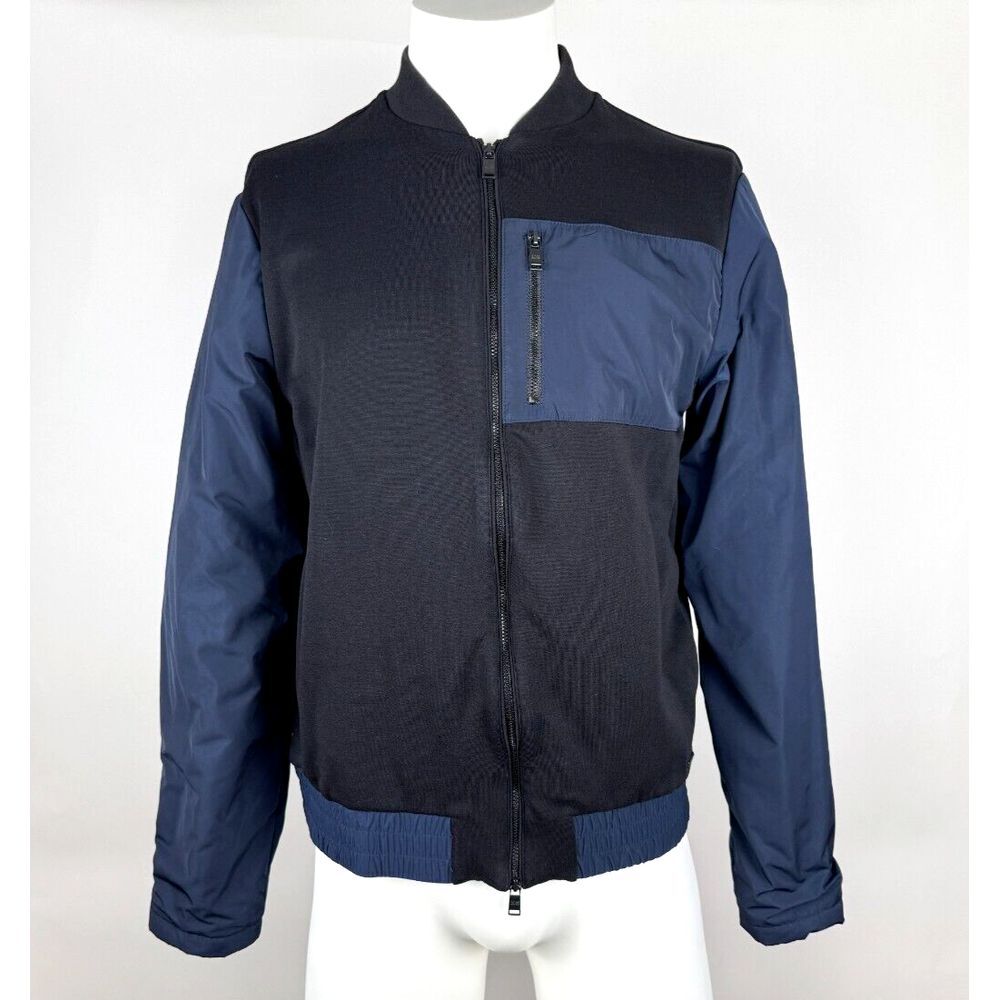 HUGO BOSS Bomber Jacket Mens M Full Zip Pockets Stretch Cotton Jersey Navy Black